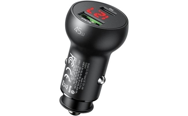 Mcdodo CC-7030 Car Charger, USB + USB-C, with Display, 45W (Black)